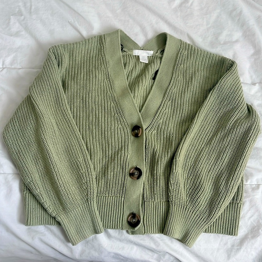 sage green thick knit button cardigan